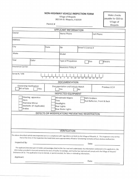 First page of the Non-Highway Vehicle Inspection