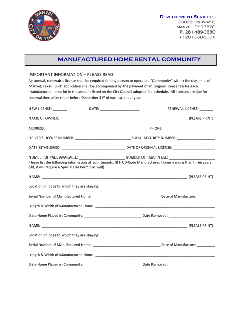 First page of the Mobile Home Park Renewal Form