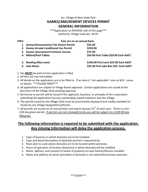 First page of the Games/Amusement Devices Application