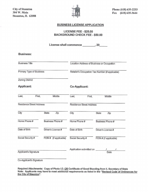 First page of the Business License Application