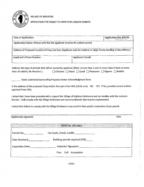 First page of the Application for Permit to Own Fowl and/or Rabbits