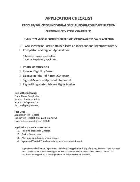 First page of the Business License Application (Peddler/Solicitor – Individual)