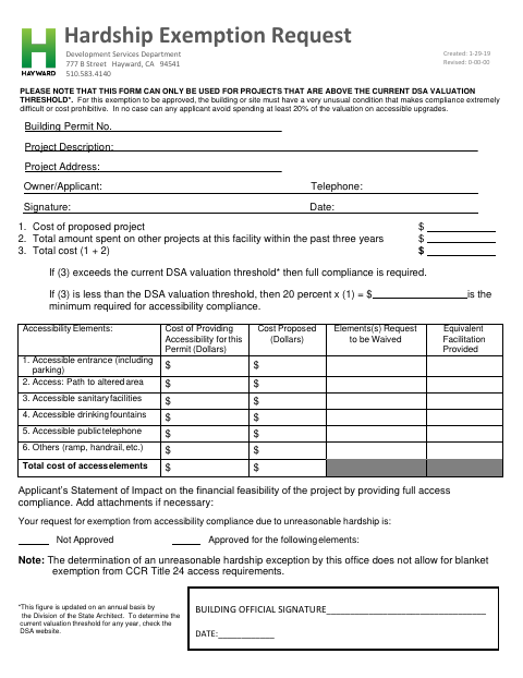 First page of the Hardship Exemption Request