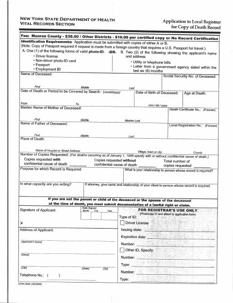 First page of the Application for Death Record