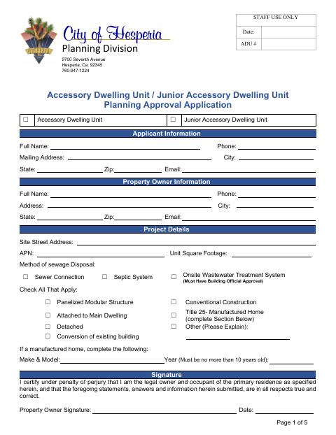 First page of the Accessory Dwelling Unit / Junior Accessory Dwelling Unit Planning Approval Application