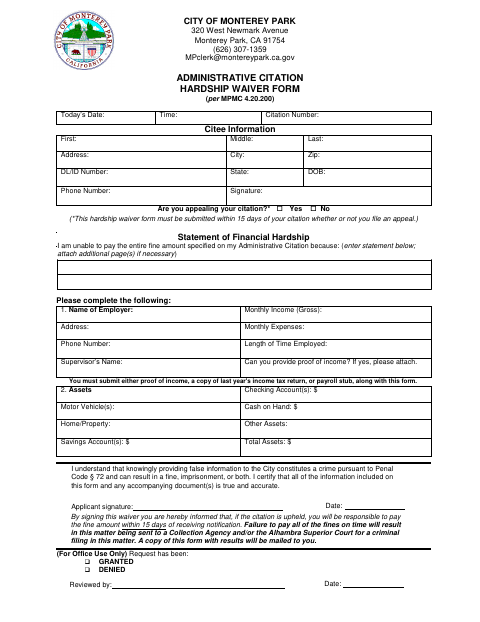 First page of the Administrative Citation Hardship Waiver Form