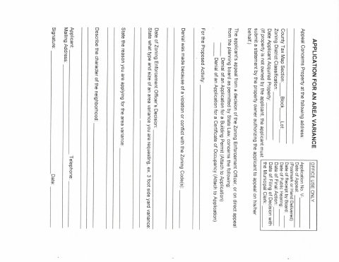 First page of the Application for an Area Variance