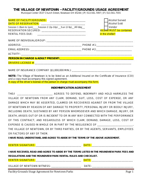 First page of the Facility-Grounds Usage Agreement