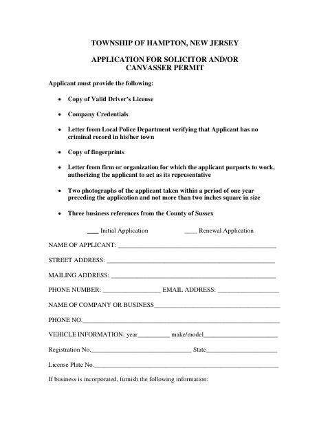 First page of the Solicitor and Canvasser Permit Application