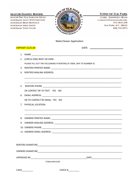 First page of the Water/Sewer Application (New Utility Deposit Form)