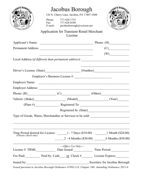 First page of the Application for Transient Retail Merchant License