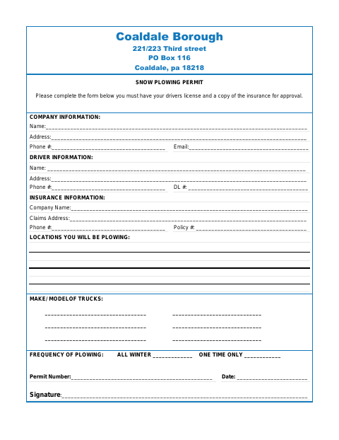 First page of the Snow Plowing Permit