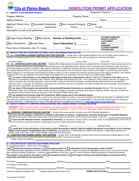 First page of the Demolition Permit Application