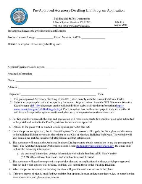 First page of the Pre-Approved Accessory Dwelling Unit Program Application