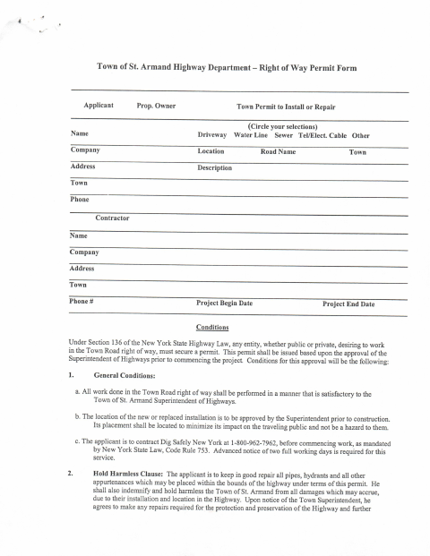 First page of the Highway Right of Way Permit Application