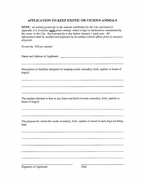 First page of the Application to Keep Exotic or Vicious Animals