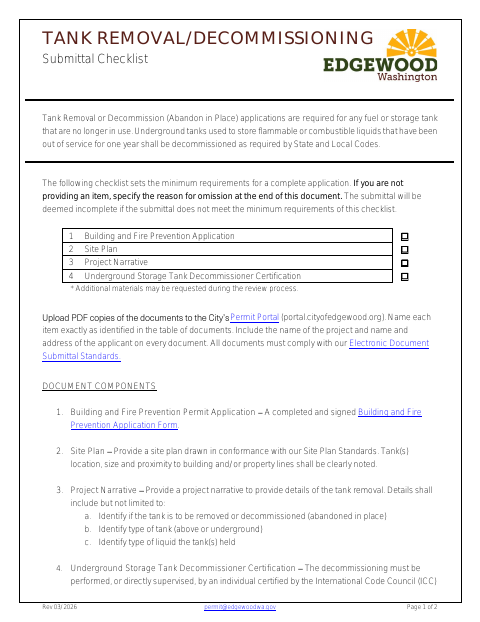 First page of the Tank Removal/Decommissioning Submittal Checklist