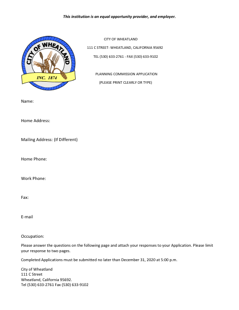 First page of the Planning Commission Application