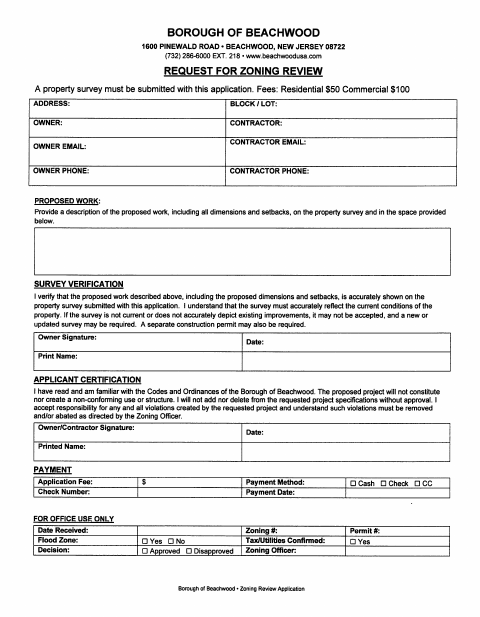 First page of the Zoning Review Application