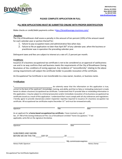 First page of the Occupational Tax Penalties, Conditions, and Certification