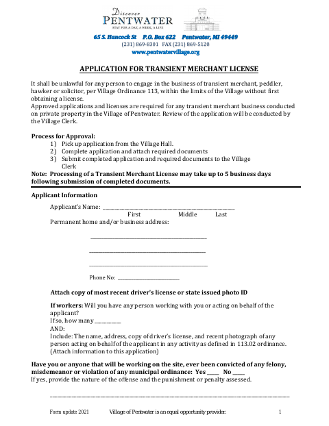 First page of the Application for Transient Merchant License