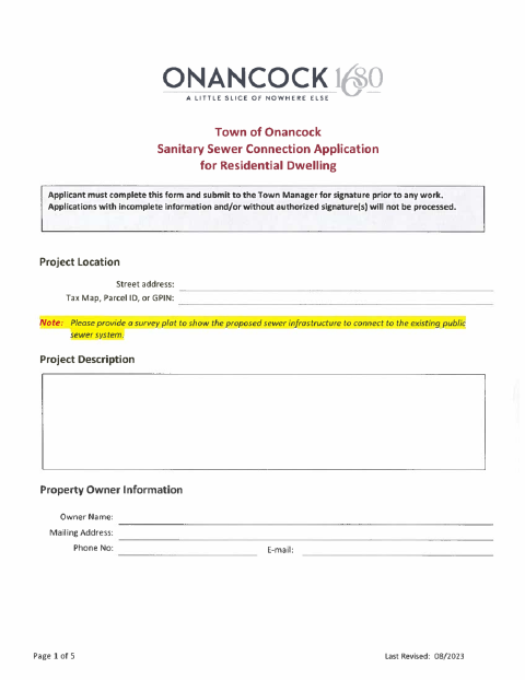 First page of the Sanitary Sewer Connection Application