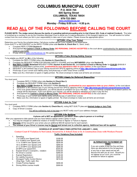 First page of the Municipal Court Reply Form