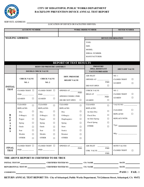 First page of the Backflow Prevention Device Annual Test Report