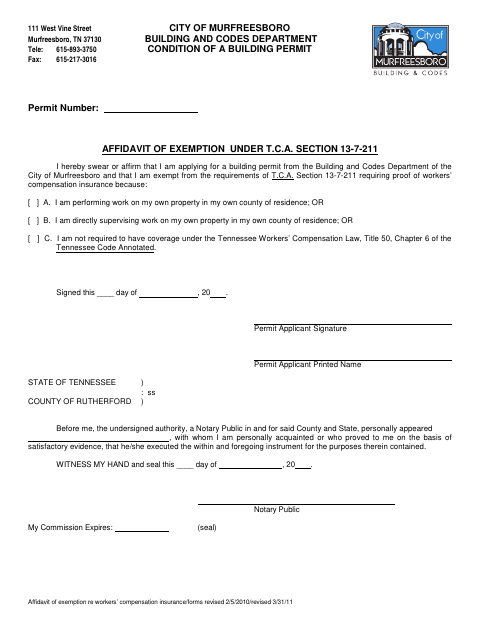 First page of the Affidavit of Exemption from Workers’ Compensation Insurance