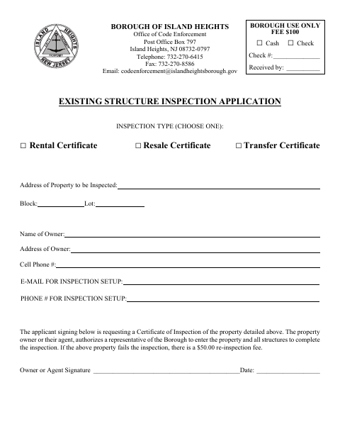 First page of the Existing Structure Inspection Application