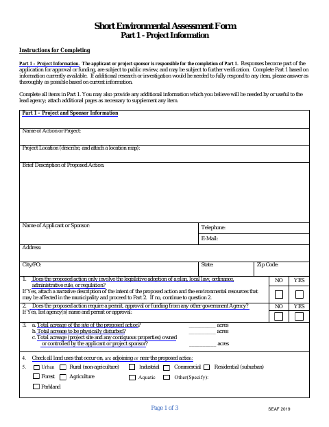 First page of the Short Environmental Assessment Form Part 1 - Project Information