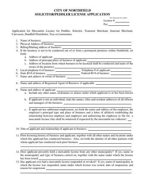 First page of the Solicitor/Peddler License Application