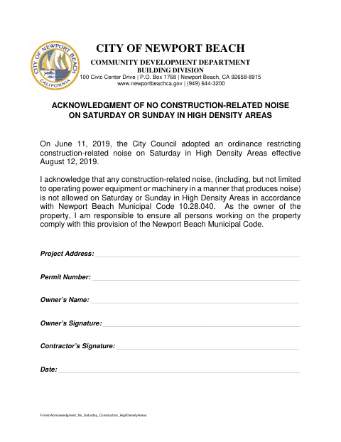 First page of the No Work on Weekends Acknowledgement Form