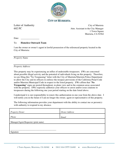 First page of the Letter of Authority
