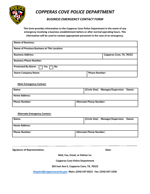 First page of the Business Emergency Contact Form