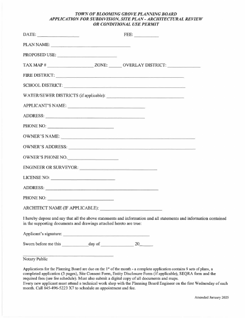 First page of the Planning Board Application