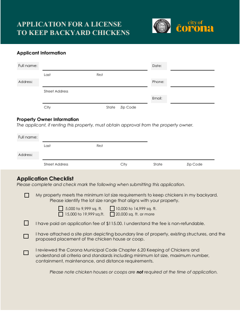 First page of the Application for a License to Keep Backyard Chickens