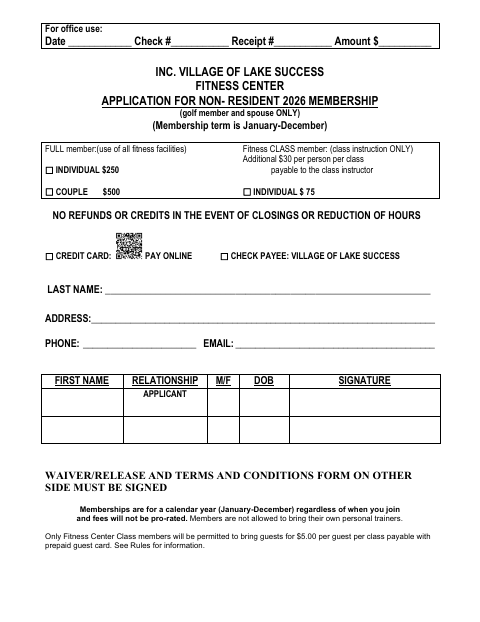 First page of the Fitness Center Application for Non-Resident 2026 Membership