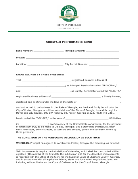 First page of the Sidewalk Performance Bond