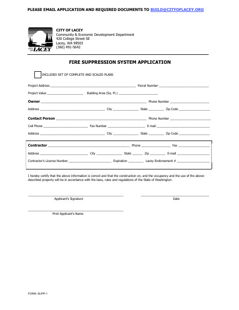 First page of the Fire Suppression System Application