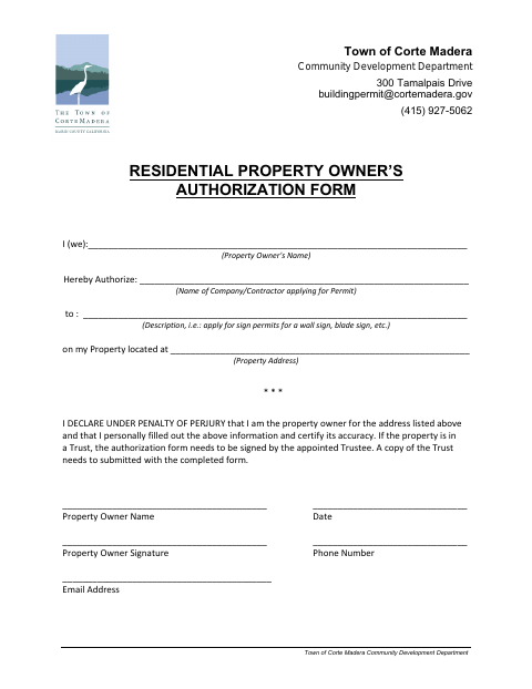 First page of the Residential Property Owner's Authorization Form