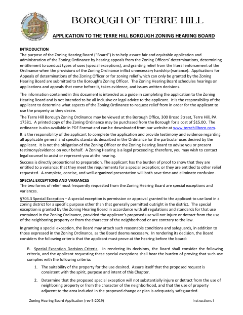 First page of the Zoning Hearing Board Application