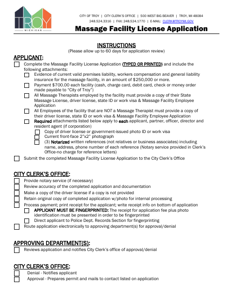 First page of the Massage Facility License Application