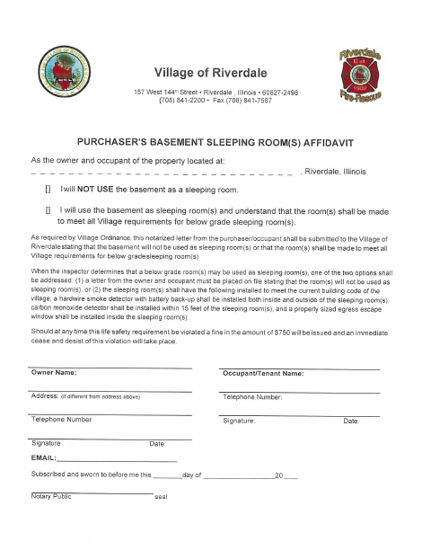 First page of the Purchaser Basement Sleeping Room Affidavit