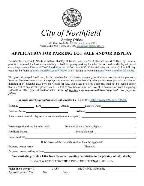 First page of the Application for Parking Lot Sale and/or Display