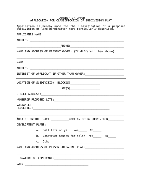 First page of the Application for Classification of Subdivision Plat