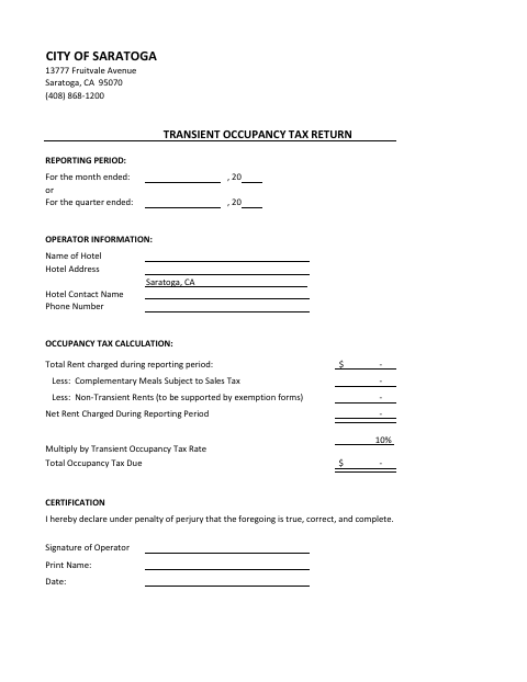 First page of the Transient Occupancy Tax Return