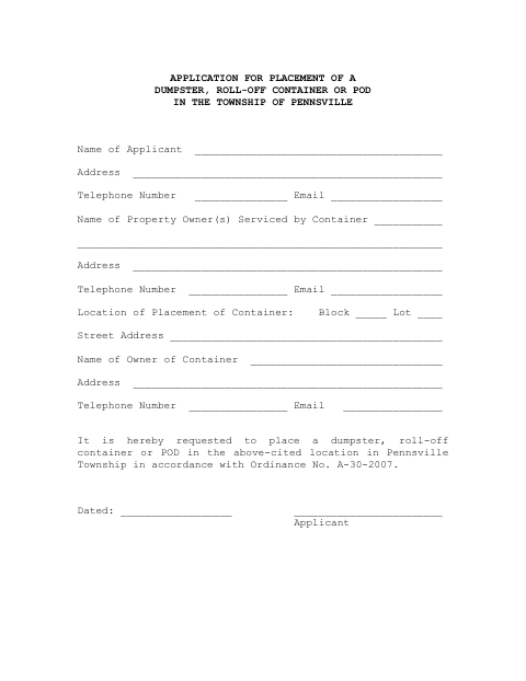 First page of the Application for Placement of a Dumpster, Roll-Off Container or Pod