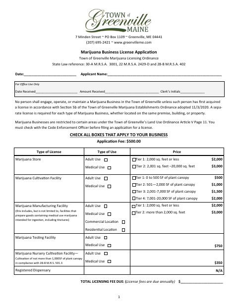 First page of the Marijuana Business License Application