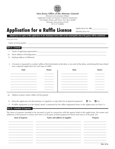 First page of the Raffle License Application
